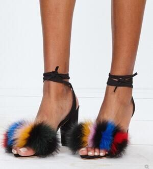 Loeffler Randall Heels 8 Nicolette Fox Fur Pom Pom Suede Lace Up Colorful Party